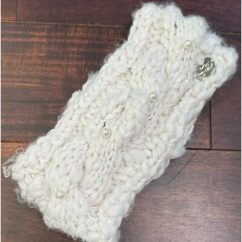 Betsey Johnson Crochet Cable Knit White with Pearls Cable Knit Headband